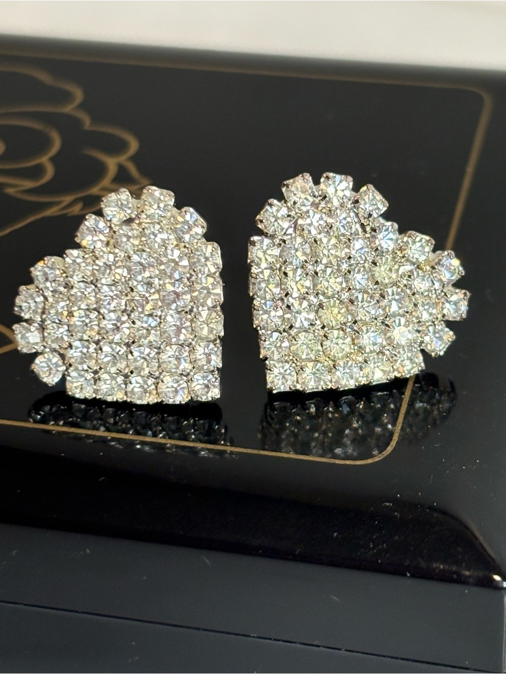 Vintage Avon Silver Tone Pave Rhinestone Heart Stud Earrings